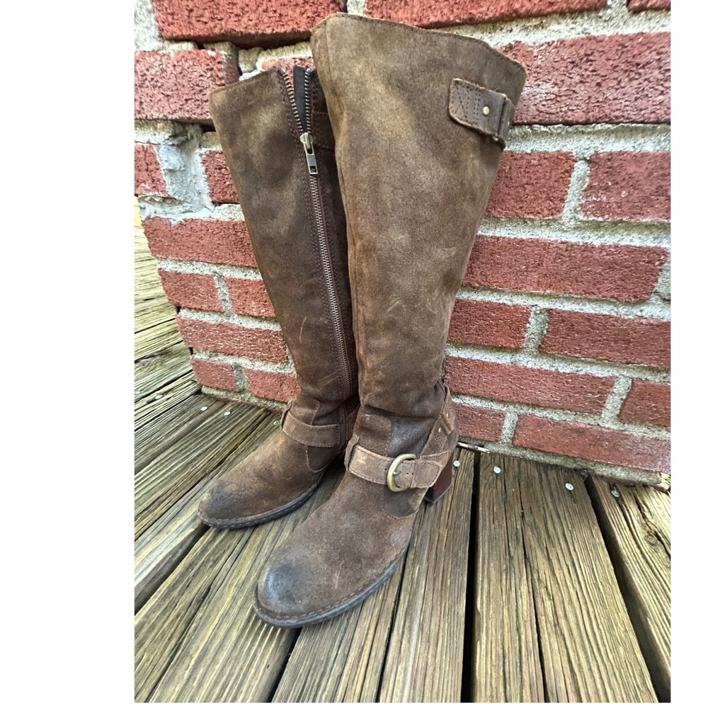 Born Tall Boots Suede Block Heel Buckle Moto 2000s Cottagecore Aesthetic